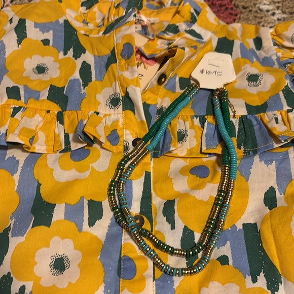 Yellow and Blue Floral 100% Cotton Blouse with 2 matching beaded necklaces - Picture 2 of 5